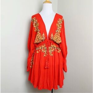 Free People Pretty Pineapple Small Dress Embroidered Red Deep-V